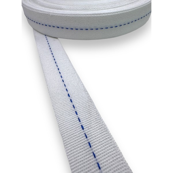 Trimming, webbing tape synthetic 15mm width in white color with blue stripe